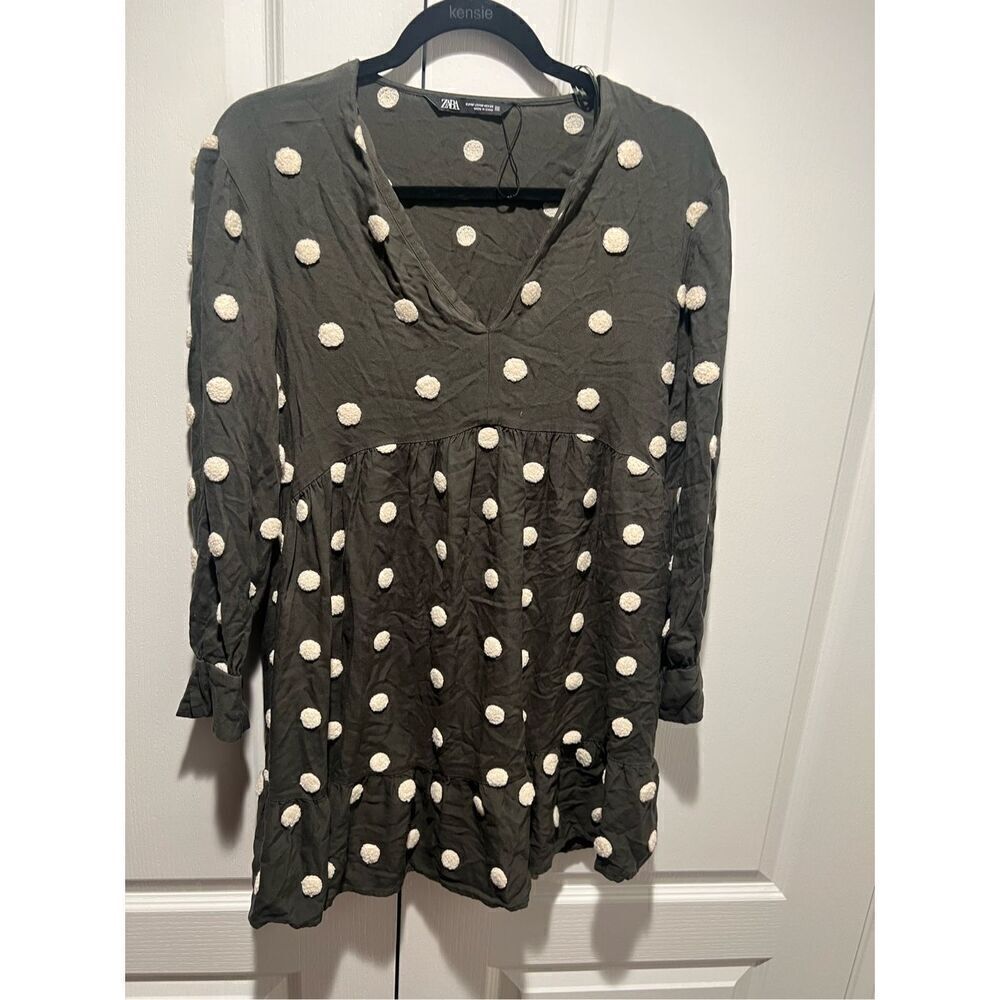 Zara Long Sleeve Baby Doll Mini Dress In olive Green And White Polka Dot Size M - Picture 4 of 7